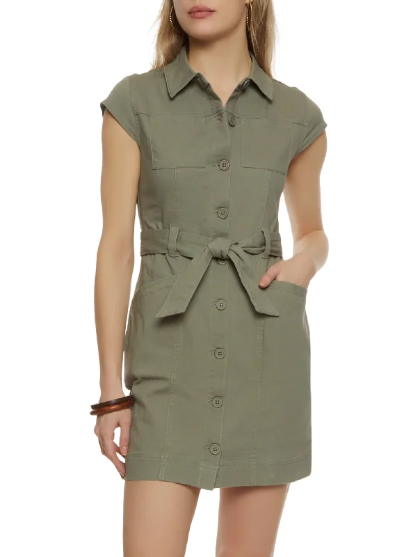 Twill Button Front Belted Shirt Dress